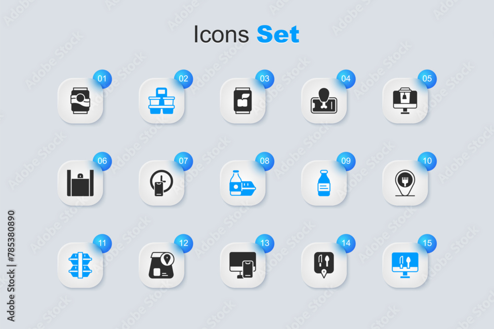 Set Cafe and restaurant location, Round the clock delivery, Coffee cup to go, Lunch box, Online ordering food, Soda can and icon. Vector Set Cafe and restaurant location, Round the clock delivery, Coffee cup to go, Lunch box, Online ordering food, Soda can and icon. Vector