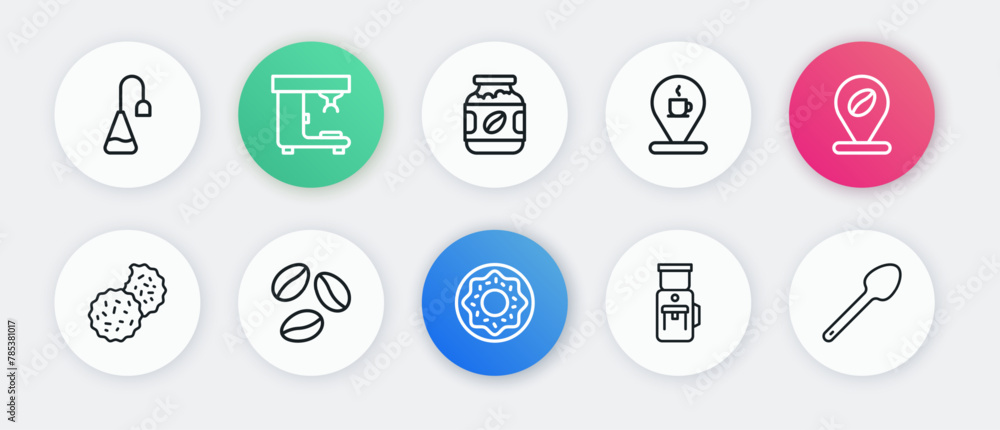 Set line Donut, Location with coffee bean, Cookie or biscuit, Electric grinder, cup, Coffee jar bottle, Teaspoon and beans icon. Vector Set line Donut, Location with coffee bean, Cookie or biscuit, Electric grinder, cup, Coffee jar bottle, Teaspoon and beans icon. Vector