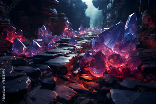 Beautiful crystal stones in the dark forest. Fantasy landscape. 3D rendering