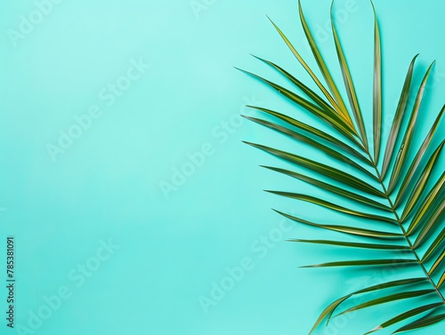 Palm leaf on a turquoise background with copy space for text or design. A flat lay  top view. A summer vacation concept