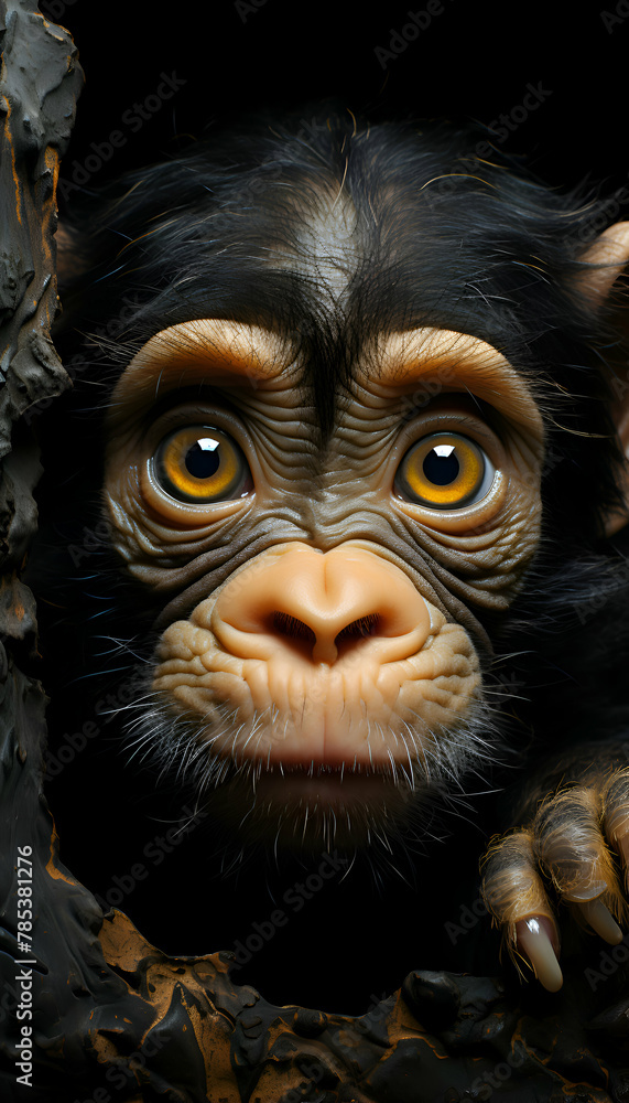 3D rendering of a chimpanzee in a cave isolated on black background 3D rendering of a chimpanzee in a cave isolated on black background
