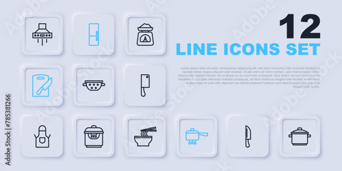 Set line Knife, Cooking pot, Kitchen colander, on fire, Cutting board knife, Slow cooker, Refrigerator and Asian noodles bowl icon. Vector