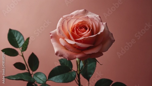 Top view red rose at sunlight in minimal style on pastel red background. Natural rose flower with green stems