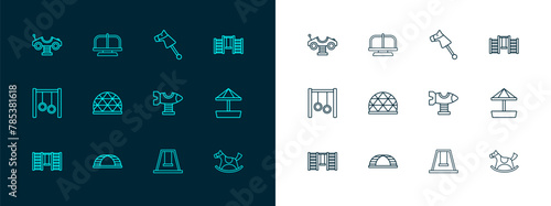 Set line Swedish wall, Monkey bar, Swing plane, for kids, Playground climbing equipment, Toy horse, car and Attraction carousel icon. Vector