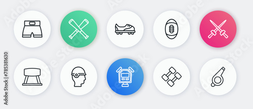Set line Stopwatch, Fencing, Pommel horse, Dumbbell, American Football ball, shoes, Whistle and Baseball helmet icon. Vector photo