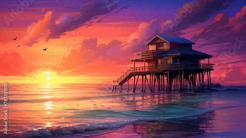 A secluded wooden hut perched on stilts above the gentle waves of the ocean, with the sound of seagulls echoing in the air and a fiery sunset photo