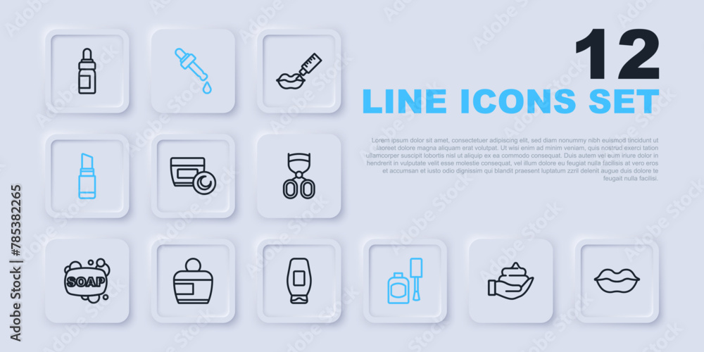Set line Shaving foam on hand, Smiling lips, Cream or lotion cosmetic tube, Bottle of nail polish, Lipstick, Pipette with oil and shampoo icon. Vector Set line Shaving foam on hand, Smiling lips, Cream or lotion cosmetic tube, Bottle of nail polish, Lipstick, Pipette with oil and shampoo icon. Vector