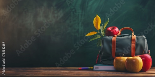 A colorful drawing of a school desk with a pencil  a book  a piece of fruit