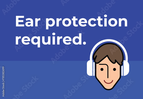 Ear muffs protection required sign age poster design vector illustration isolated on horizontal blue background. Simple flat safety graphic design poster cartoon drawing.