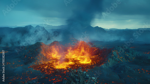 view of the eruption of the volcano of fire neon rainbow light