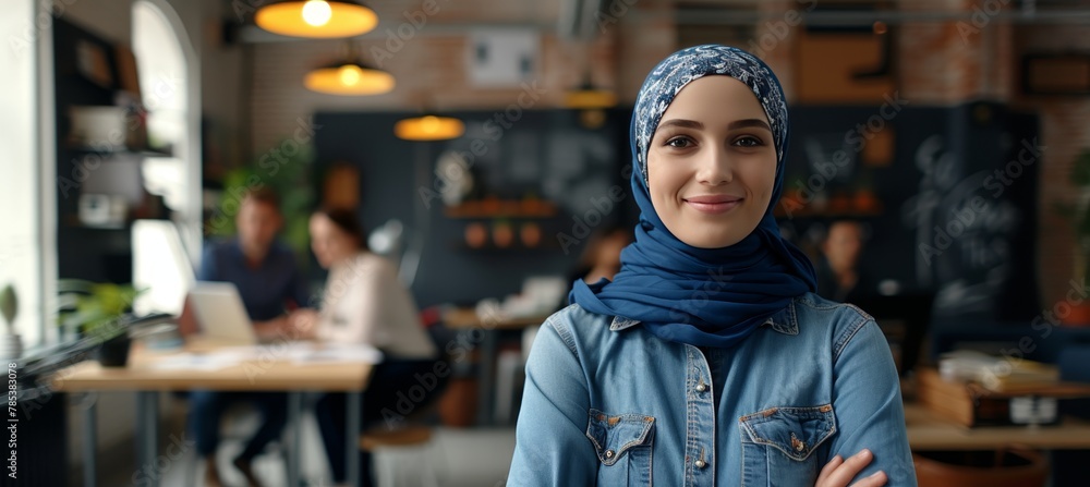 Confident and approachable hijab wearing professional woman in sleek office setting