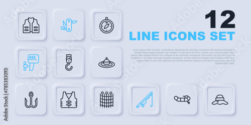 Set line Inflatable boat with motor, Fisherman hat, Spring scale, Fishing rod, Outboard, jacket, Swiss army knife and net pattern icon. Vector