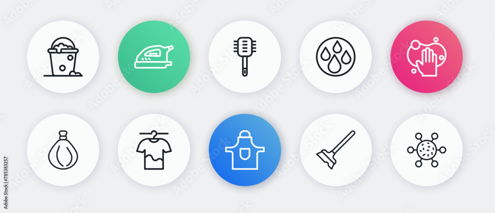 Set line Kitchen apron, Sponge, Garbage bag, Mop, Water drop, Toilet brush, Bacteria and Drying clothes icon. Vector Set line Kitchen apron, Sponge, Garbage bag, Mop, Water drop, Toilet brush, Bacteria and Drying clothes icon. Vector