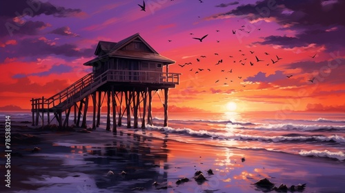 A secluded wooden hut perched on stilts above the gentle waves of the ocean, with the sound of seagulls echoing in the air and a fiery sunset casting a warm glow over the horizon