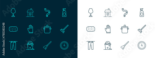 Set line Cleaning spray with detergent, Bucket foam and bubbles, Cooking pot, Handle broom, Rubber gloves, Industry metallic pipe, Wine glass and House icon. Vector