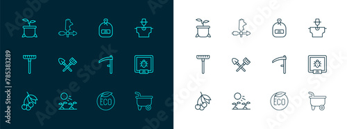 Set line Scarecrow, Plant sprouts grow in the sun, Scythe, Eco healthy food, Shovel and rake, Pack full of seeds, pot and Rooster weather vane icon. Vector