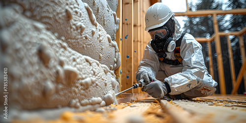 A man applies an insulating foam to the wall of the house