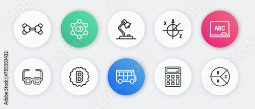 Set line School Bus, Chalkboard, Glasses, Calculator, Trigonometric circle, Table lamp, Pie chart infographic and Exam paper with incorrect answers icon. Vector