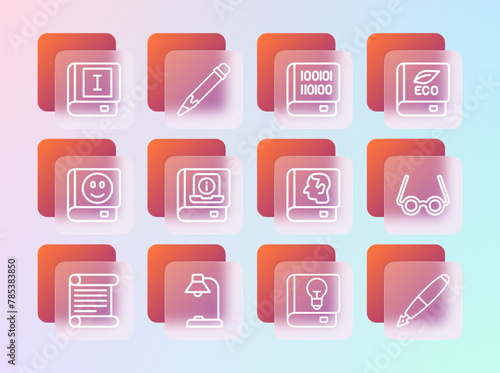 Set line Book about ecology, Table lamp, Law book, User manual, Books programming, and Pencil with eraser icon. Vector