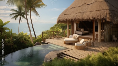 A serene coastal retreat adorned with thatched-roof huts surrounded by lush greenery, where baskets overflow with exotic fruits like pineapples ,shimmering waves and a cloud-studded sky.