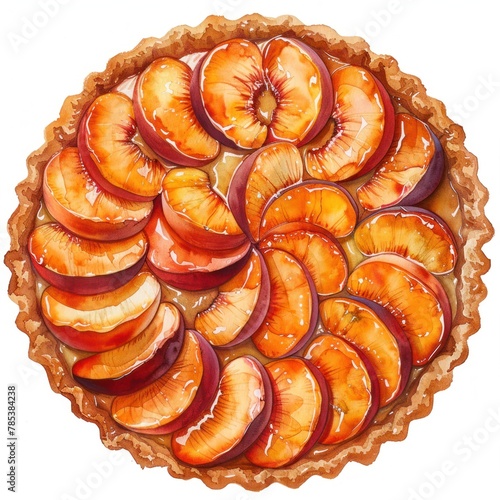 A watercolor painting of a peach tart with a lattice crust.