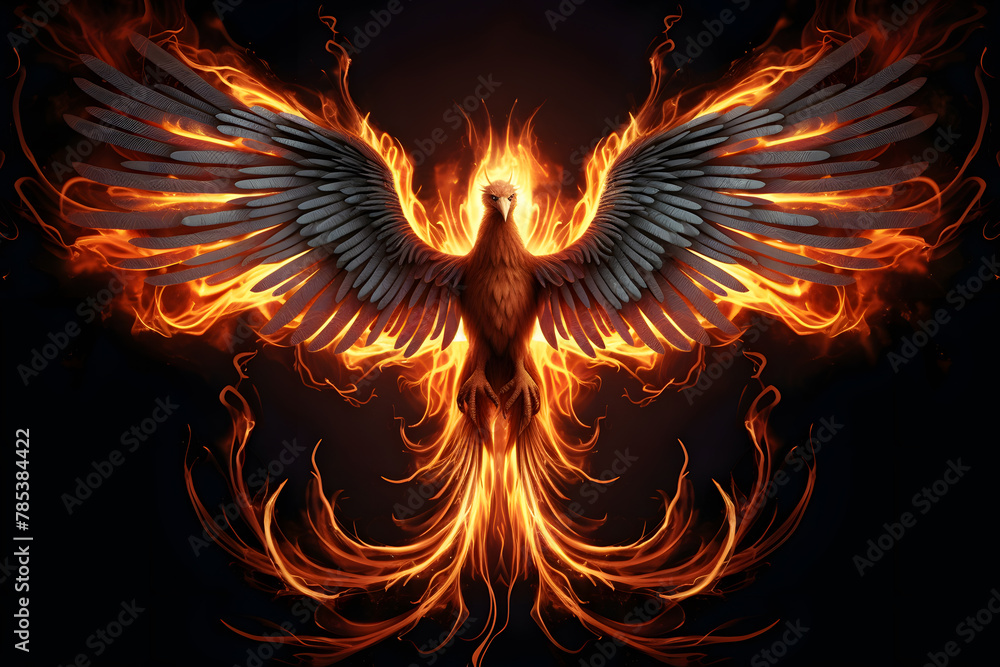 Fototapeta premium Phoenix fire bird with its wings spread out. A magical creature made of fire isolated on black background