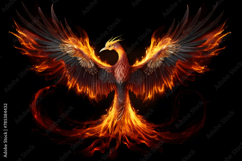 Phoenix fire bird with its wings spread out. A magical creature made of fire isolated on black background Phoenix fire bird with its wings spread out. A magical creature made of fire isolated on black background
