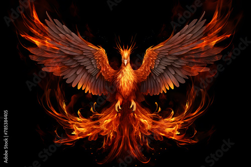 Phoenix fire bird with its wings spread out. A magical creature made of fire isolated on black background