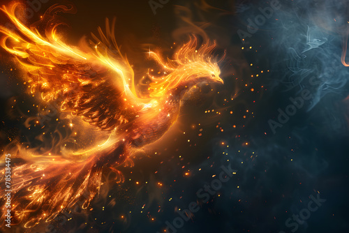 Phoenix fire bird with its wings spread out. A magical creature made of fire isolated on black background