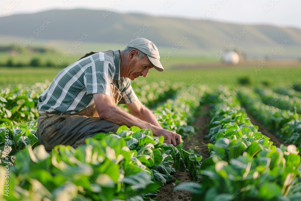 Skilled Farmer Tending to Lush Crops in the Vibrant Field, Showcasing Dedication and Agriculture Harmony. Skilled Farmer Tending to Lush Crops in the Vibrant Field, Showcasing Dedication and Agriculture Harmony.