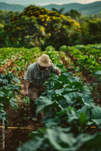 Farmer Working Diligently in Lush Field, Emphasizing the Concept of Agriculture and Dedication. © Exotic Escape