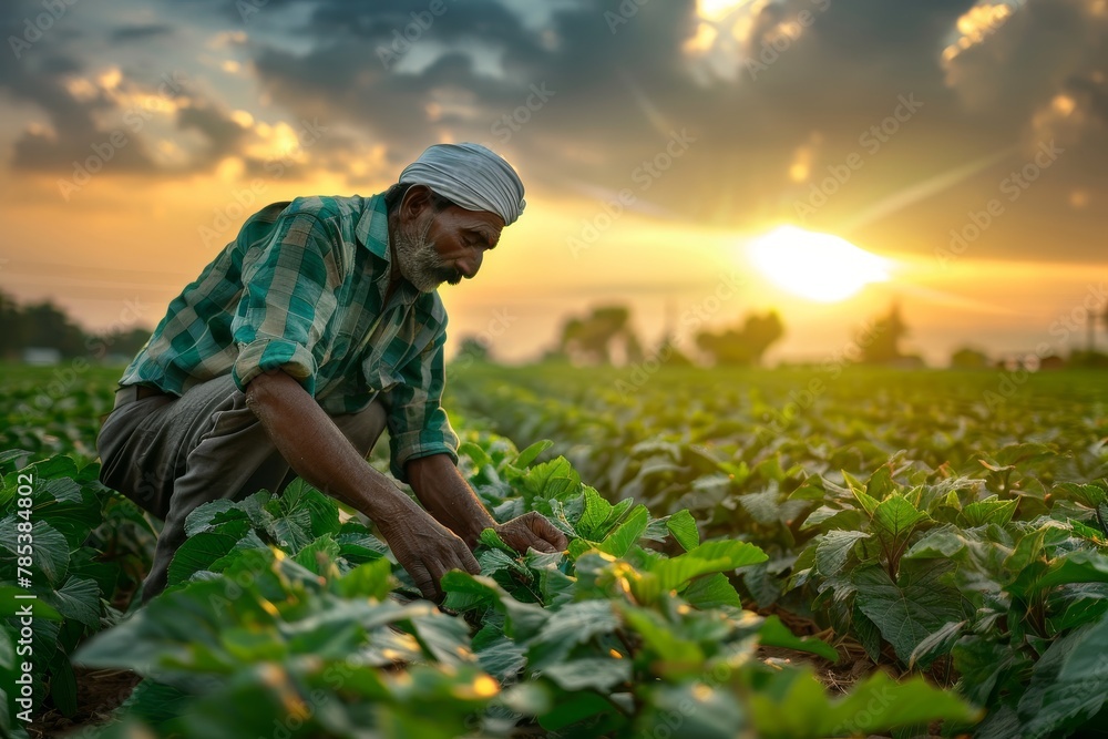 Skilled Farmer Tending to Crops in Lush Green Fields, Showcasing Dedication and Agriculture Practices.