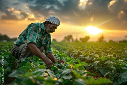 Skilled Farmer Tending to Crops in Lush Green Fields, Showcasing Dedication and Agriculture Practices. © Exotic Escape