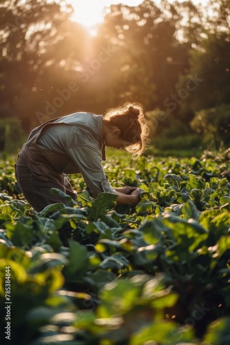 Diligent Farmer Tending to Lush Crops in the Field, Illustrating Agriculture and Hard Work Concept.