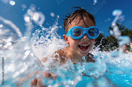 A young boy splashes into the water of his pool, wearing goggles and smiling with joy as he jumps in for fun