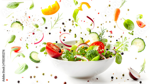 Vegetable salad in a bowl with flying ingredients. Healthy food