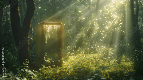 the refrigerator is in the forest. old cooling machine forest daylight background