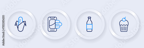 Set line Muffin, Bottle of wine, Food ordering on mobile and Corn icon. Vector