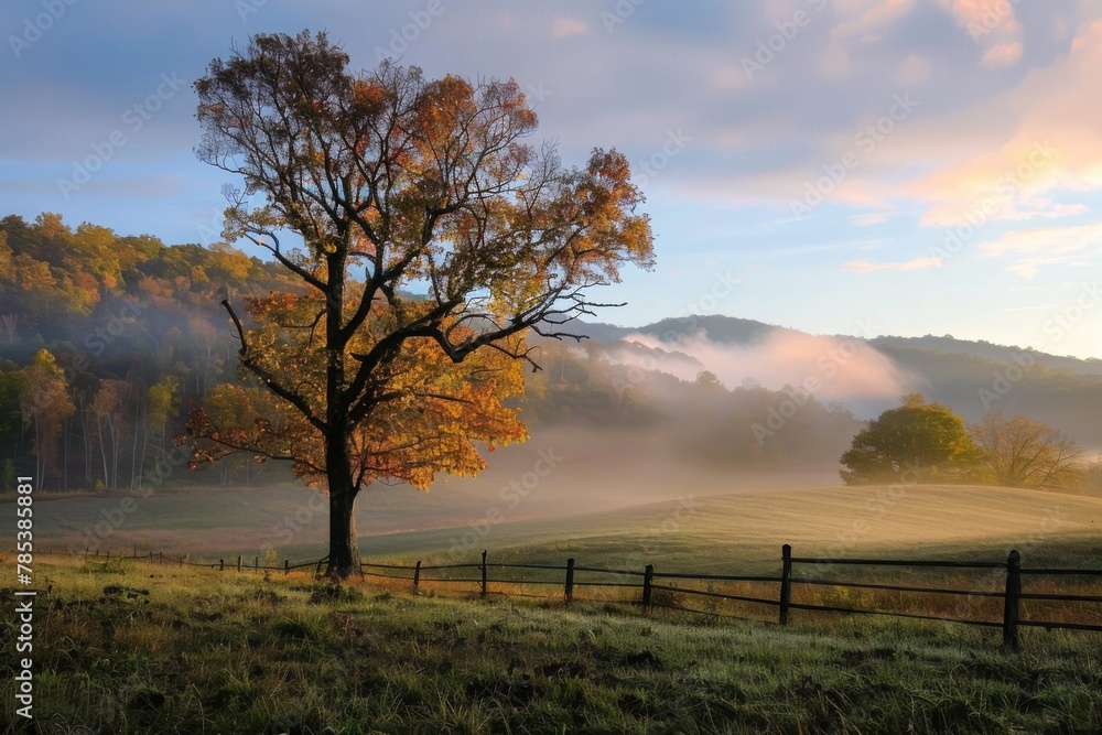 Solitary tree in misty autumn morning landscape - A serene, atmospheric image capturing a lone tree amidst the soft fog of an early autumn morning in a pastoral setting