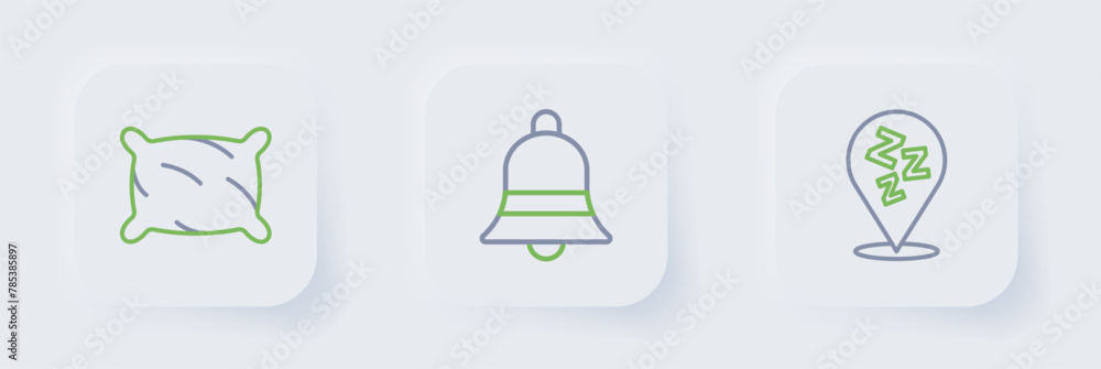 Set line Sleepy, Ringing bell and Pillow icon. Vector Set line Sleepy, Ringing bell and Pillow icon. Vector