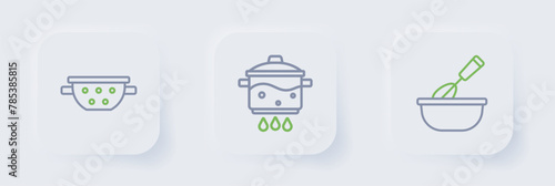 Set line Cooking whisk with bowl, pot on fire and Kitchen colander icon. Vector