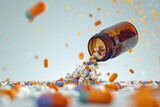 Pills spilling out of a bottle on the ground in a clean and precise studio setup, highlighting medication misuse or accident concept.