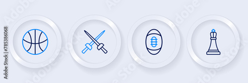 Set line Chess, American Football ball, Fencing and Basketball icon. Vector