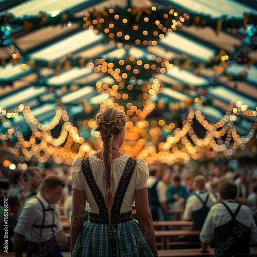 Eine junge Frau steht in einem Bierzelt auf dem Oktoberfest photo