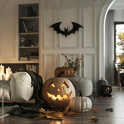 Ein Wohnzimmer mit schöner Dekoration für Halloween