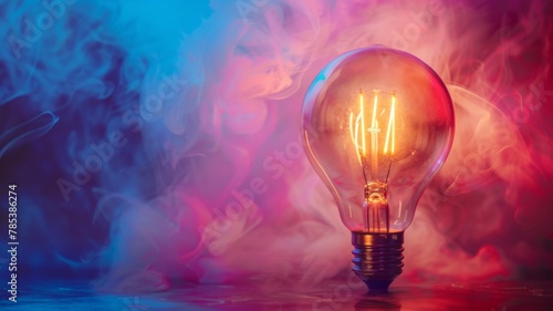 Colorful light bulb with smoke effect - A vibrant image of a glowing light bulb enveloped by colorful smoke giving a sense of energy, mystery, and creativity