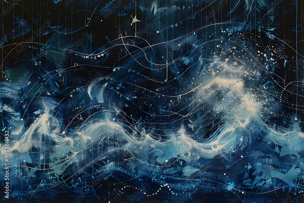 A painting of a wave with stars in the background. The painting is blue and white. The mood of the painting is calm and peaceful