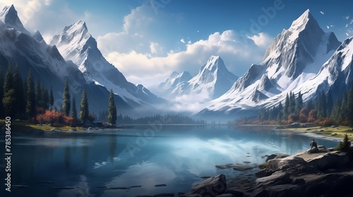A panoramic view of a pristine alpine lake surrounded by snow-capped peaks  the still waters mirroring the rugged beauty of the towering mountains.