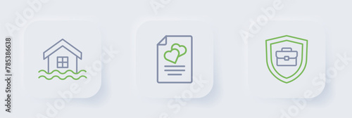Set line Briefcase with shield, Marriage contract and House flood icon. Vector