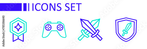 Set line Sword for game, Game controller joystick and rating with medal icon. Vector